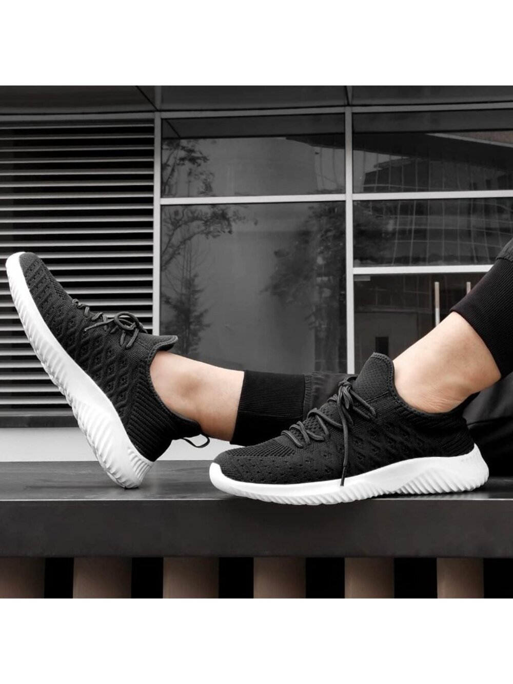 Men's Black And White Lightweight Breathable Comfortable Lace-Up Slip On Sneaker - Picture 2 of 6